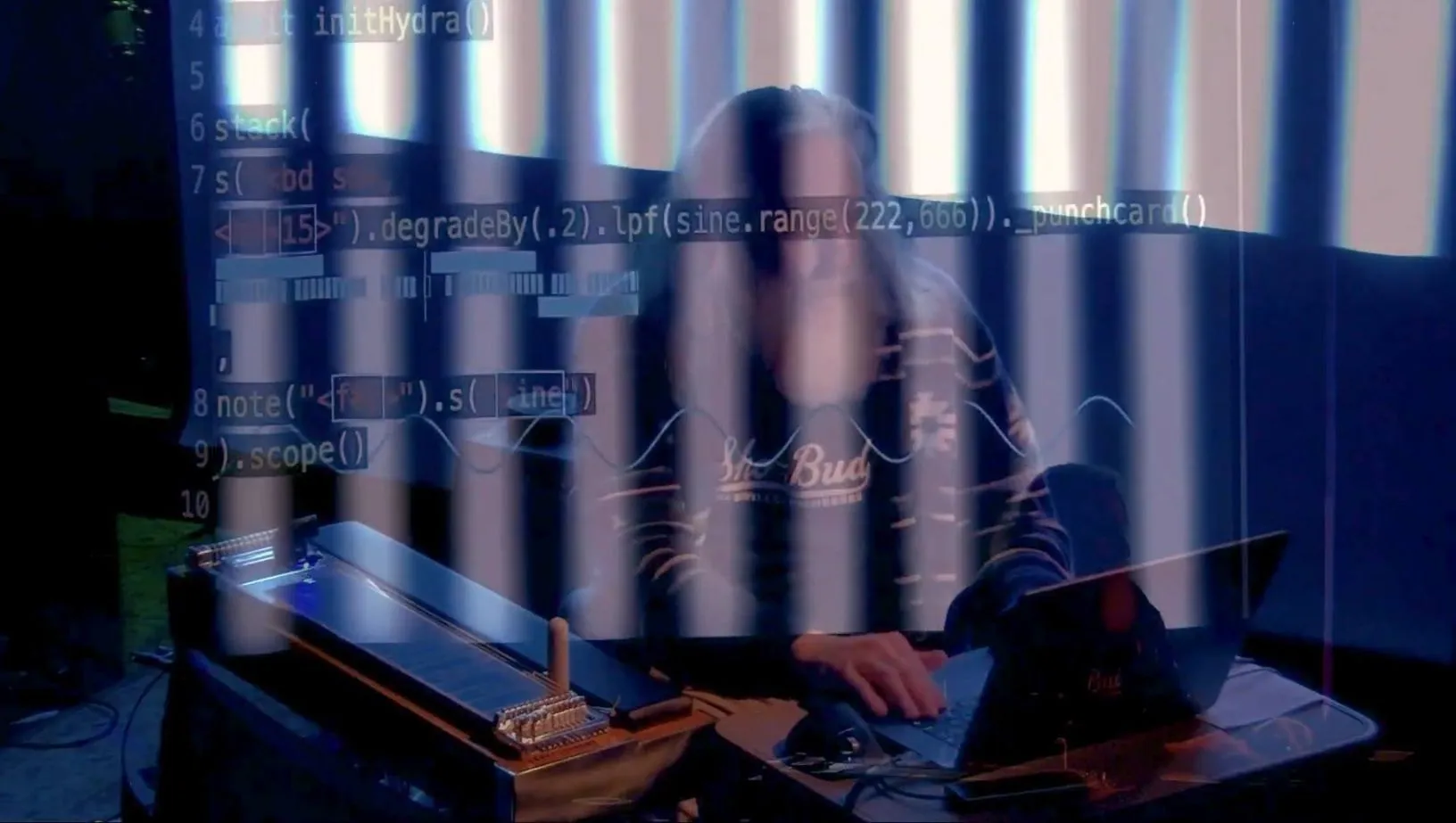 Live code and glitch bars layered over Randy Brown at a pedal steel and laptop